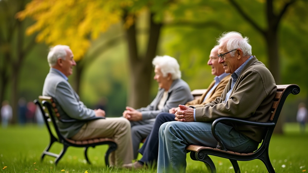 Grupa seniorów siedzi na ławce w pięknym zielonym parku, rozmawia i cieszy się spacером
