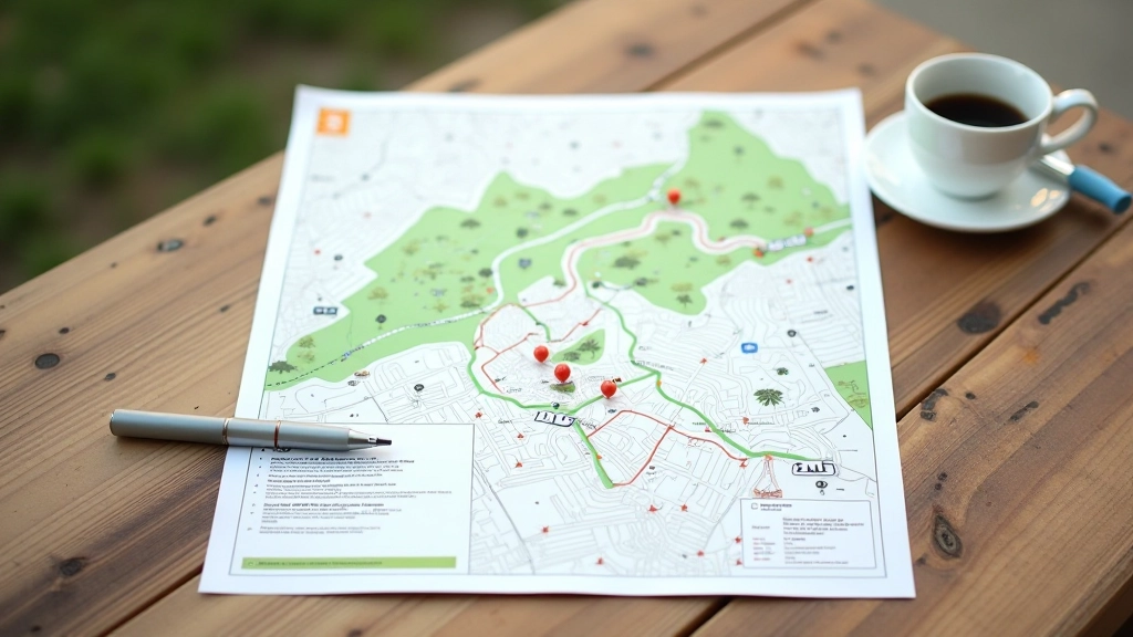 Mapa papierowa parku leży na stole ze szklanką kawy, długopis pokazuje zaznaczoną trasę spaceru z przystankami, światło słoneczne pada na mapę