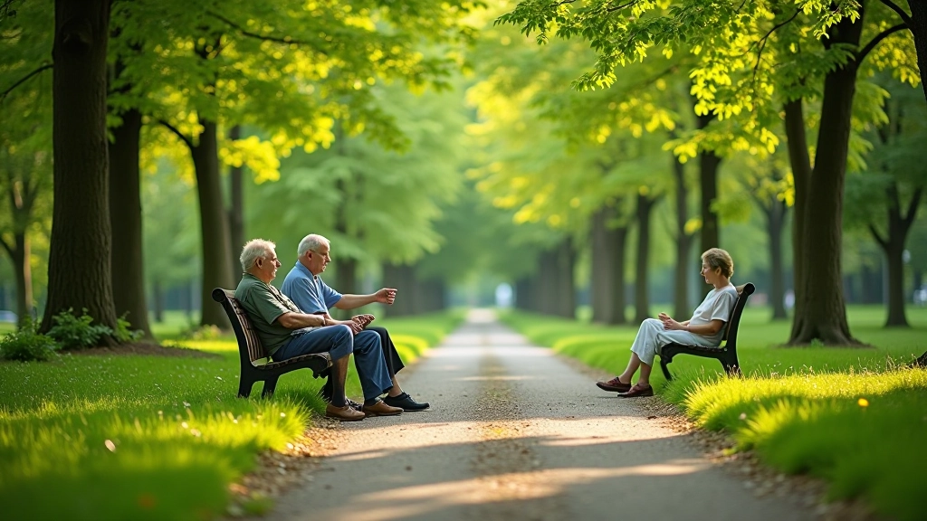 Park Skaryszewski, staw z odbiciem drzew, mostek nad wodą, dwa seniorzy spacerują ścieżką, zielone zarośla dookoła