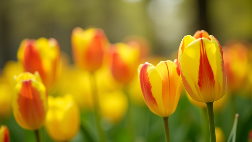 Zbliżenie na tulipany i narcyzy kwitnące w parku, różne kolory kwiatów, naturalne oświetlenie wiosenne