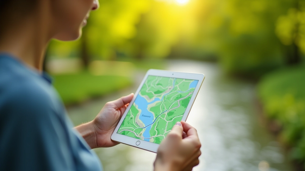 Mapka cyfrowa pokazująca trasę spacerową wzdłuż Wisły z oznaczonymi punktami dostępu i ławkami