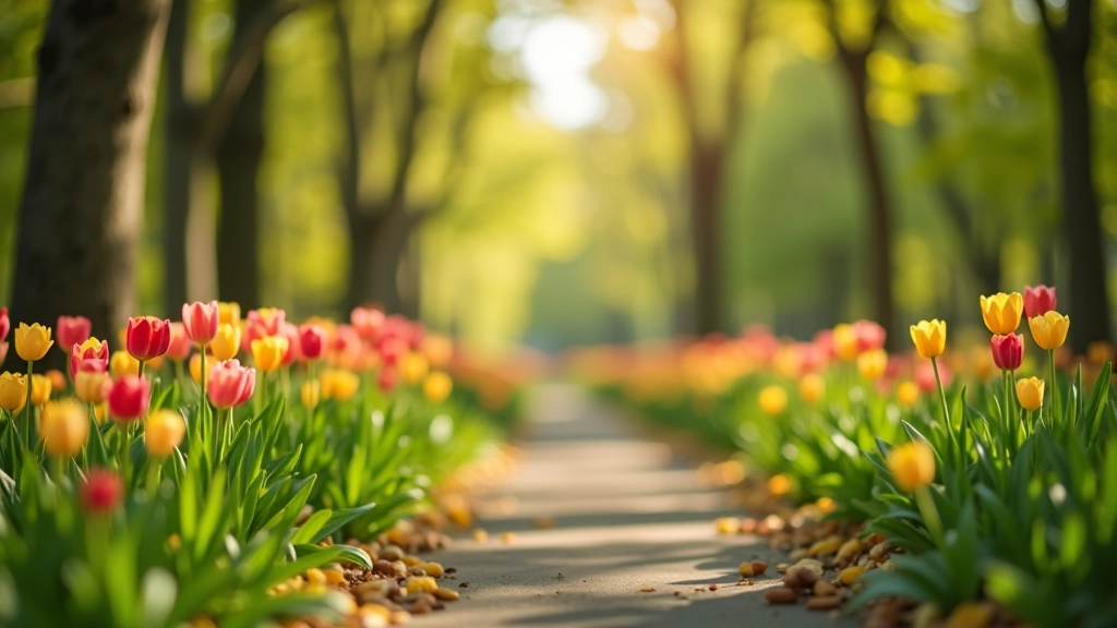 Wiosenne kwiaty w parku, tulipany i krokusy, kolorowy kwiat, słoneczny dzień
